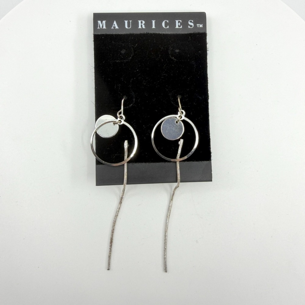 Maurices Silver Tone Modern Circle Dangle Earrings Long Snake Chain Minimalist